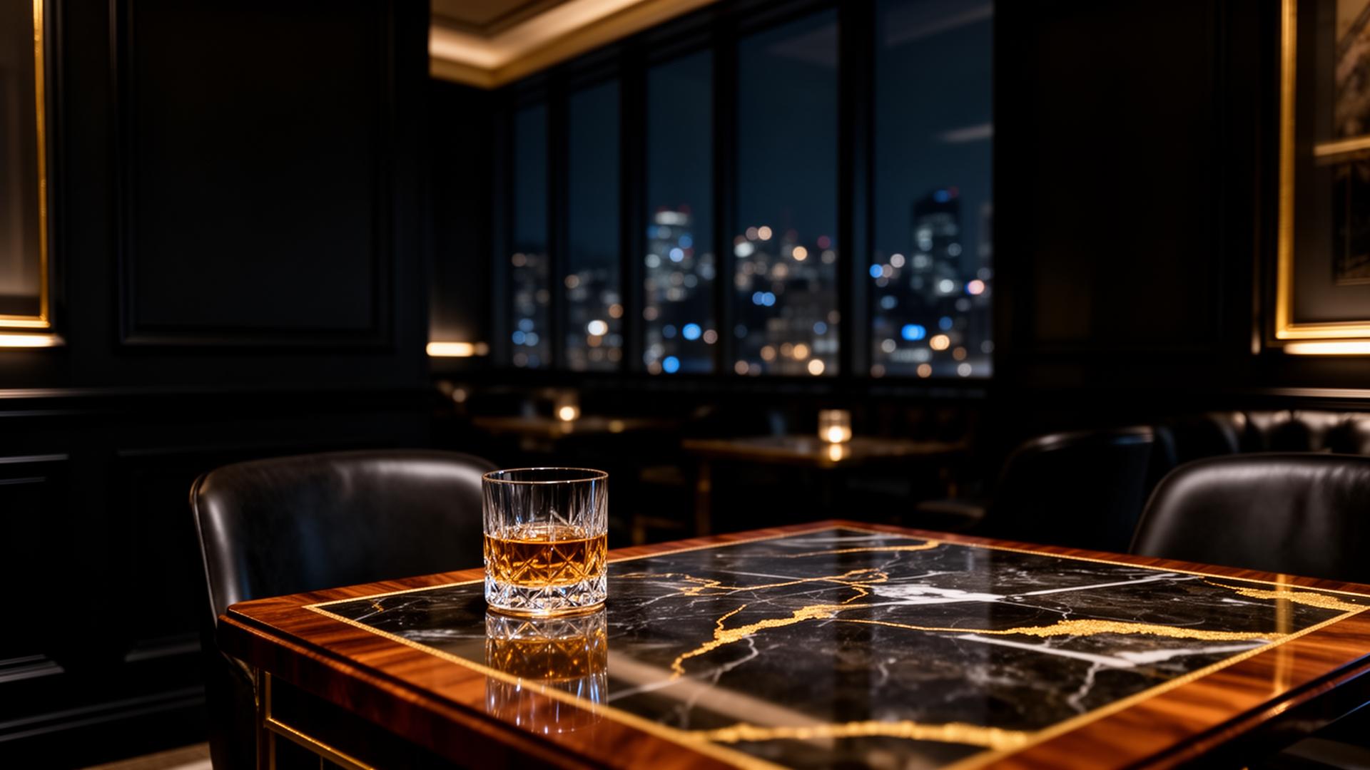 Private members lounge with city skyline at dusk